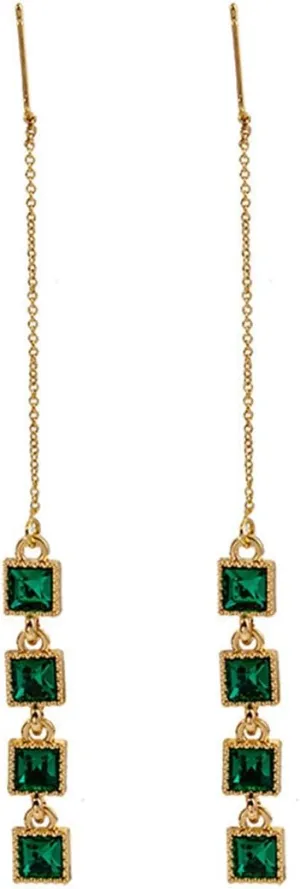Long Green Crystal Tassel Earrings Gold Rectangular Dangle Drop Earrings for Women Geometric Threader Earrings