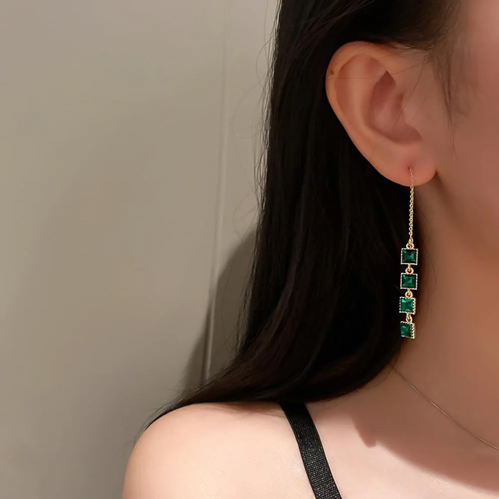 Long Green Crystal Tassel Earrings Gold Rectangular Dangle Drop Earrings for Women Geometric Threader Earrings