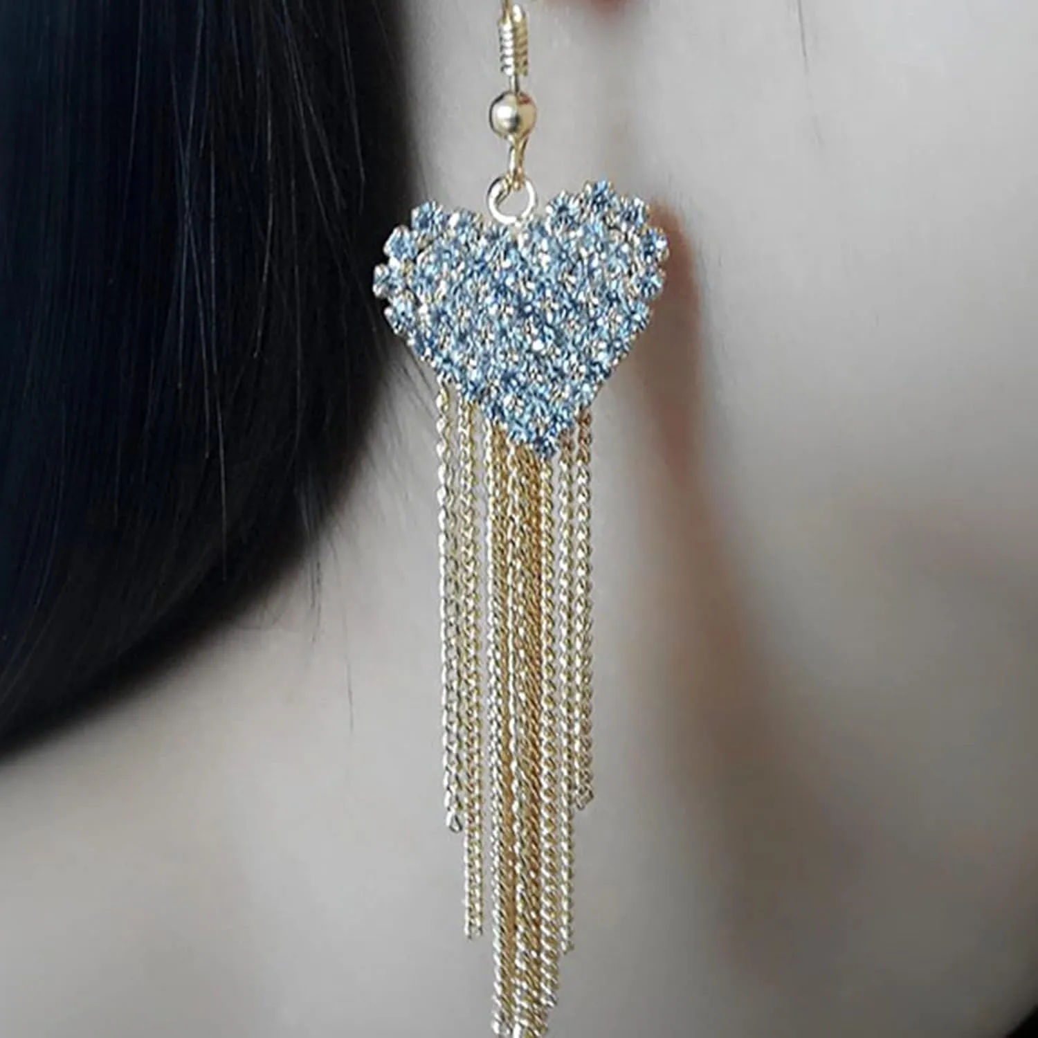 Long Tassel Earrings for Women Dangling Heart Rhinestone Dangle Drop Earrings Sparkling Metal Chain Earrings for Prom Party