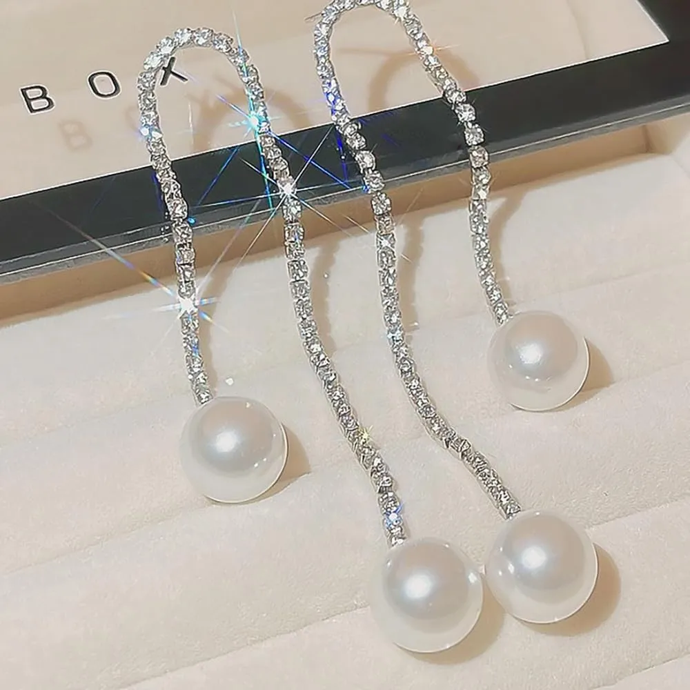 Long Tassel Pearl Dangle Earrings Dainty Rhinestone Tassel Earrings Pearl Drop Earrings Hypoallergenic Elegant Wedding Party Bridal Jewelry Gift for Women