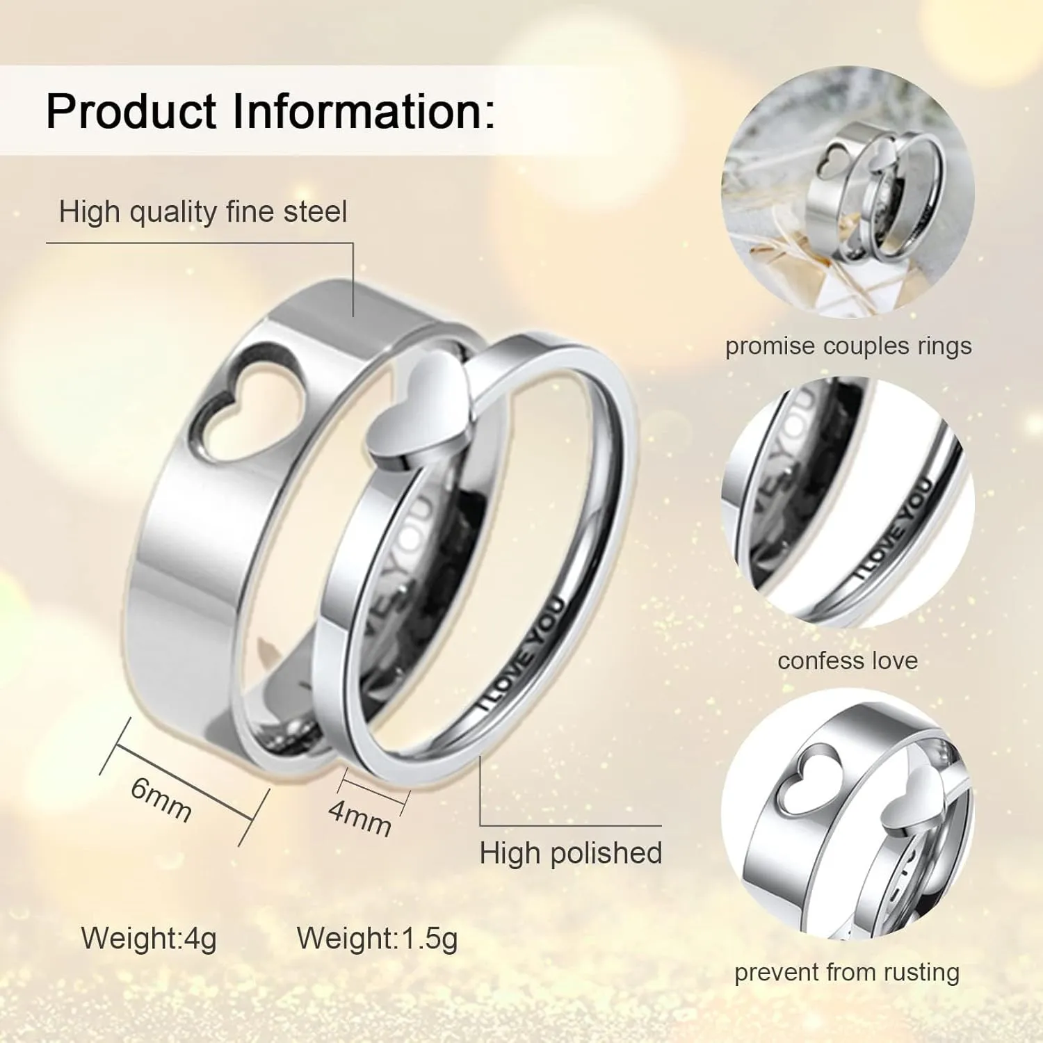 Love Heart Promise Ring, Stainless Steel Couple Rings Set for Wife Wdding Valentine's Day Gift