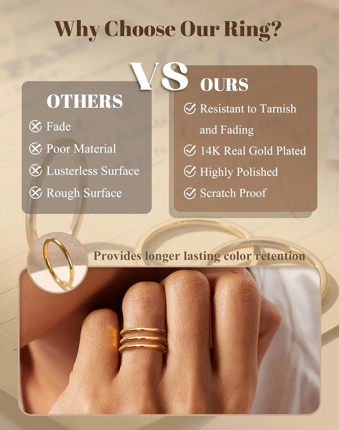 LOYALLOOK 1.5mm 14K Gold Filled Stacking Rings for Women - Stainless Steel Plain Thin Knuckle Thumb Statement Midi Band Rings - Comfort Fit Silver/Gold/Rose Tone, 3PCS