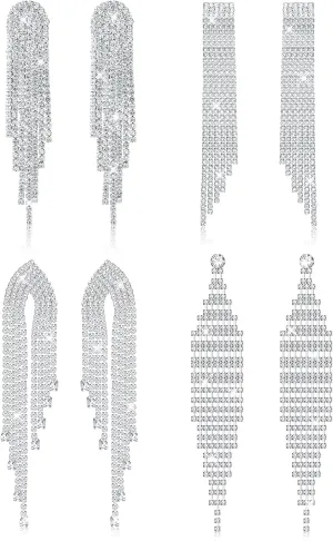 LOYALLOOK 4Pairs Chandelier Earrings Long Chain Tassel Rhinestones Crystal Drop Dangle Earrings Clip on Earrings for Women Sparkle Fringe Earrings Dangling Non Pierced