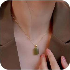 LRESJJIUJ Jade Necklace for Women Gold Chain Natural Jade Pendant Pale Green 18K Gold Plated Sterling Silver Handmade Dainty Necklace
