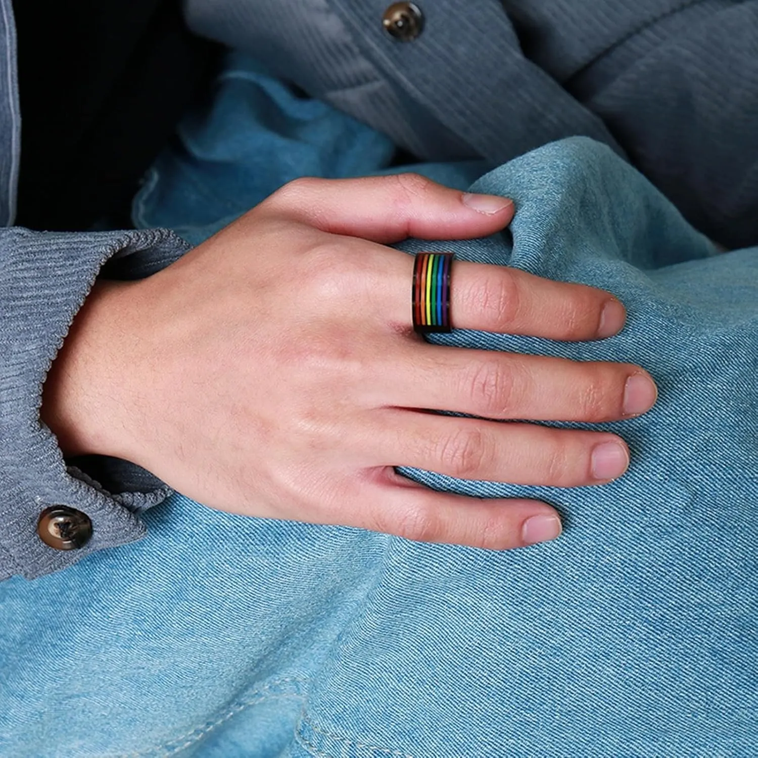 Male Promise Rings, Women Stainless Steel Rings 10mm Black LGBT Ring with Rainbow Enamel Rings for Men and Women