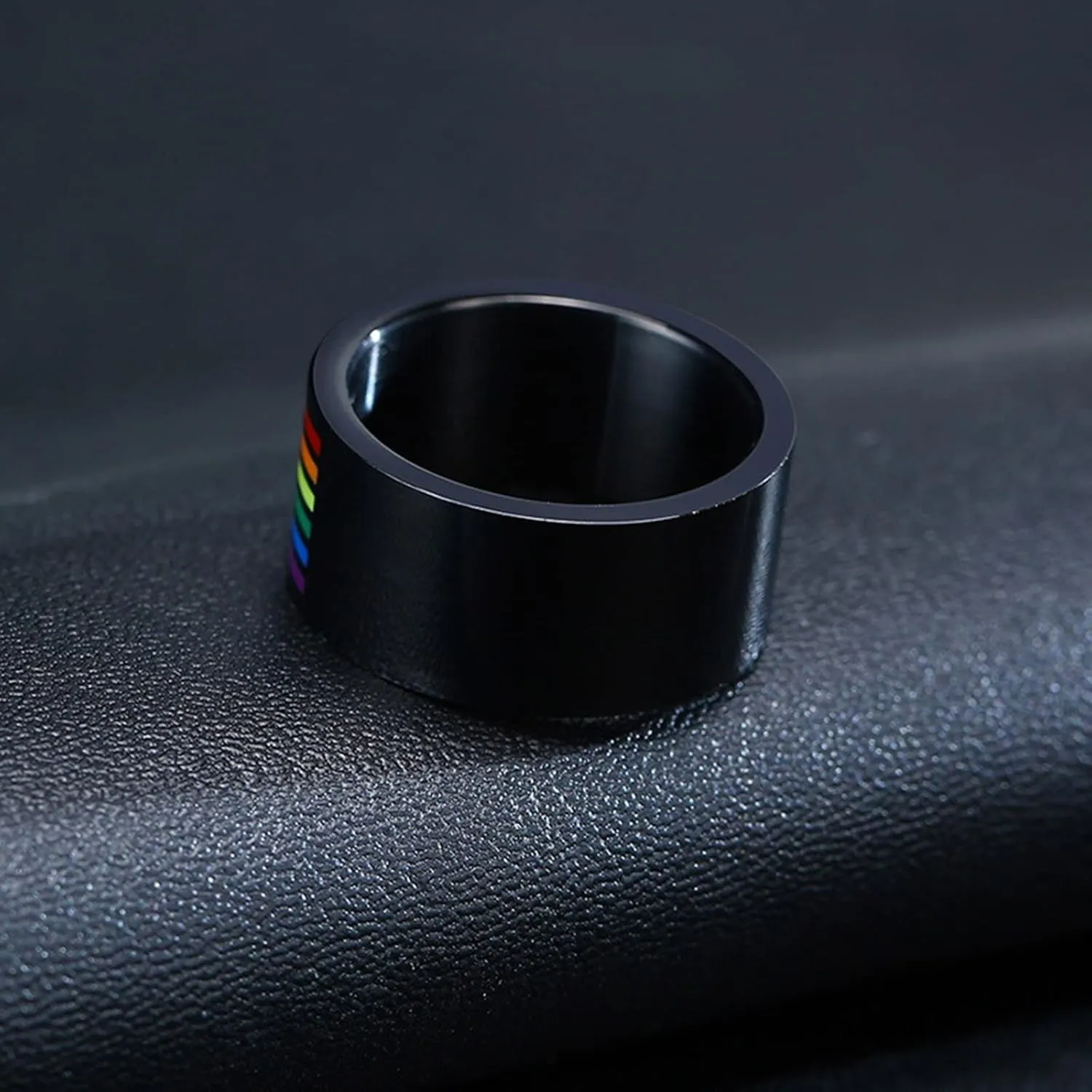 Male Promise Rings, Women Stainless Steel Rings 10mm Black LGBT Ring with Rainbow Enamel Rings for Men and Women
