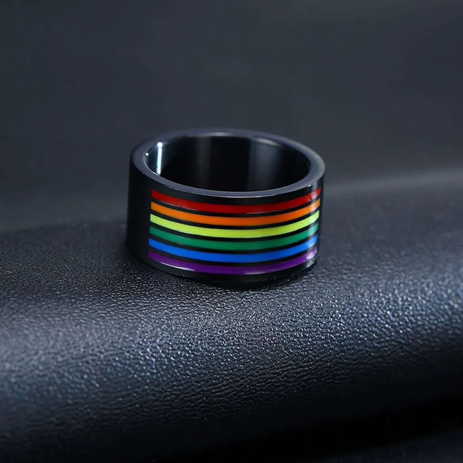 Male Promise Rings, Women Stainless Steel Rings 10mm Black LGBT Ring with Rainbow Enamel Rings for Men and Women
