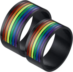Male Promise Rings, Women Stainless Steel Rings 10mm Black LGBT Ring with Rainbow Enamel Rings for Men and Women