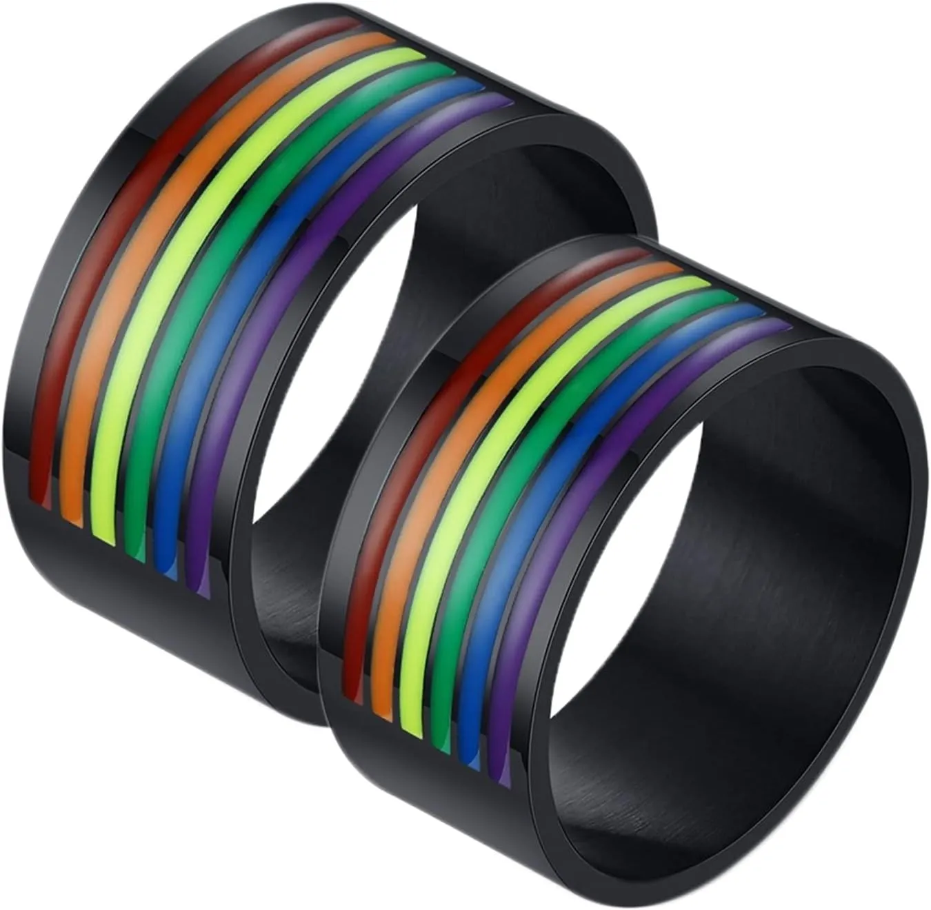 Male Promise Rings, Women Stainless Steel Rings 10mm Black LGBT Ring with Rainbow Enamel Rings for Men and Women