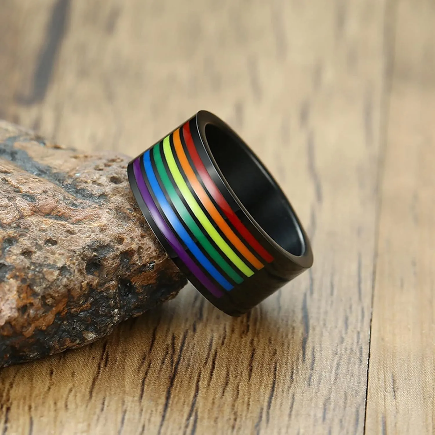 Male Promise Rings, Women Stainless Steel Rings 10mm Black LGBT Ring with Rainbow Enamel Rings for Men and Women