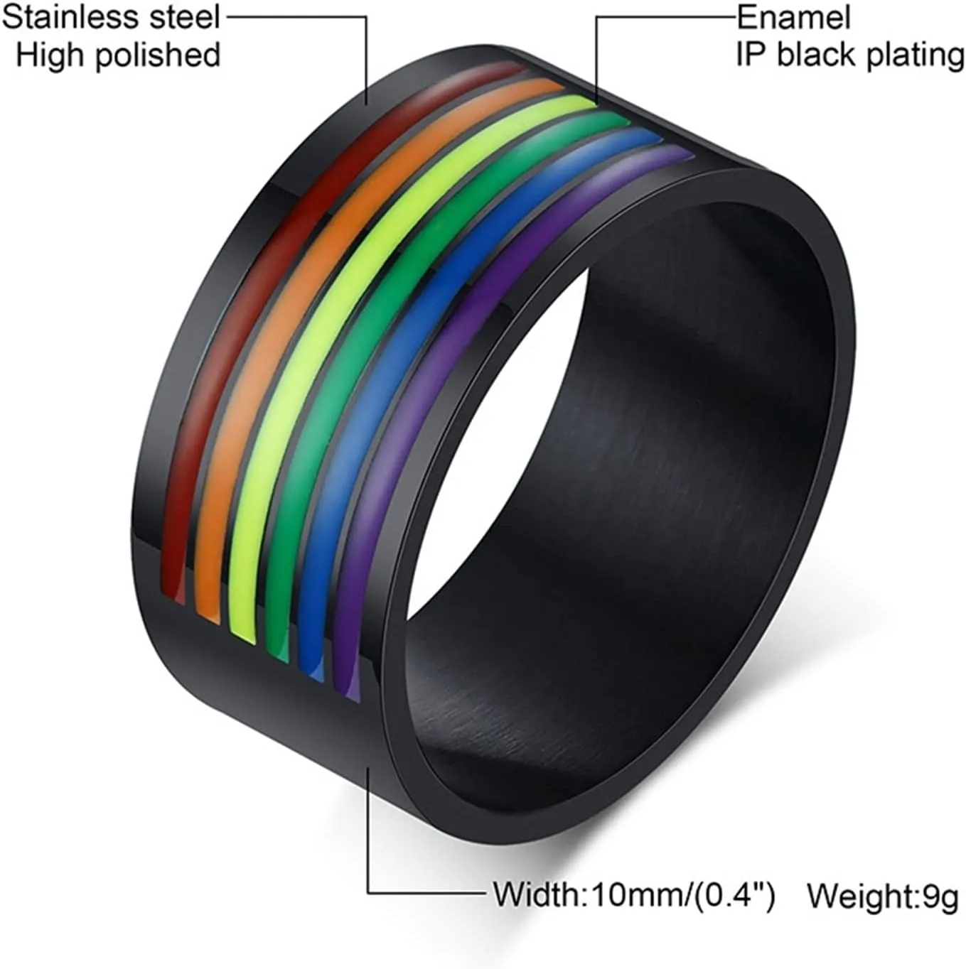 Male Promise Rings, Women Stainless Steel Rings 10mm Black LGBT Ring with Rainbow Enamel Rings for Men and Women