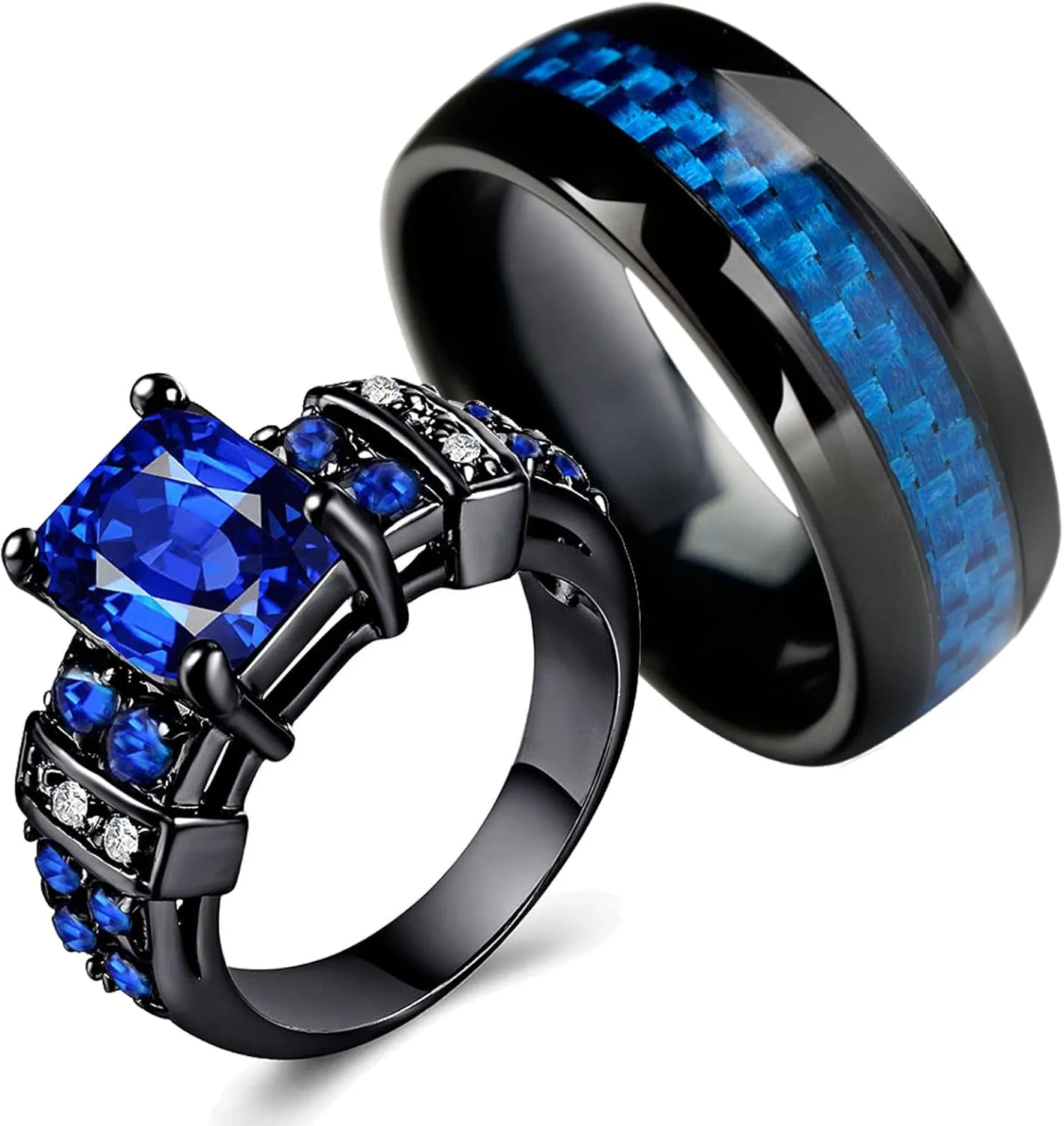 MASHAN Couple Rings: His & Her Matching Rings - Blue CZ Women's Wedding Ring & Tungsten Men's Wedding Band