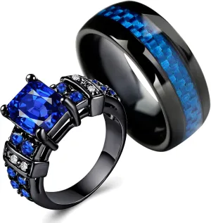 MASHAN Couple Rings: His & Her Matching Rings - Blue CZ Women's Wedding Ring & Tungsten Men's Wedding Band