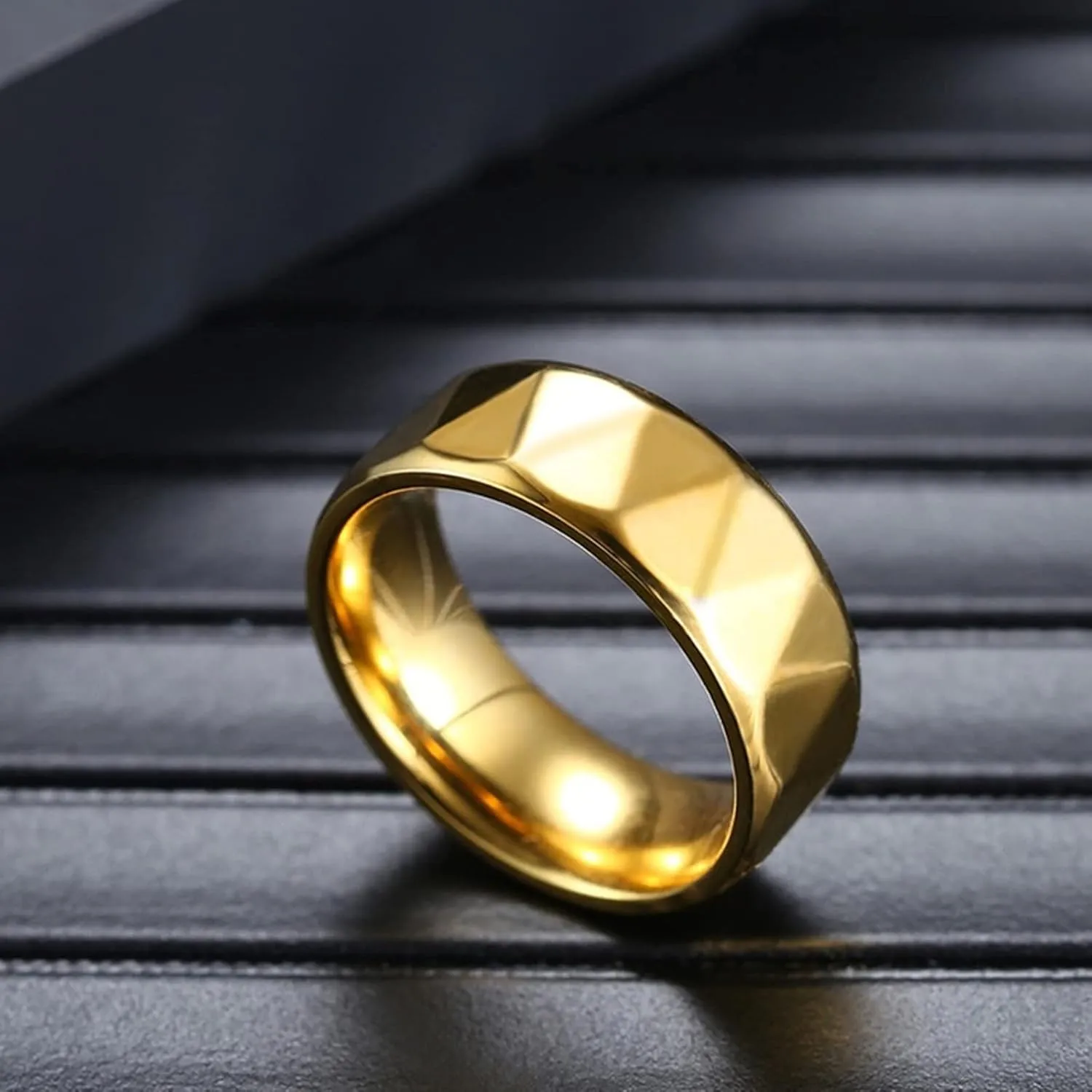 Matching Couple Rings, Stainless Steel Rings Couple 8mm Gold Ring Multi-Faceted Valentines Day Gifts for Men