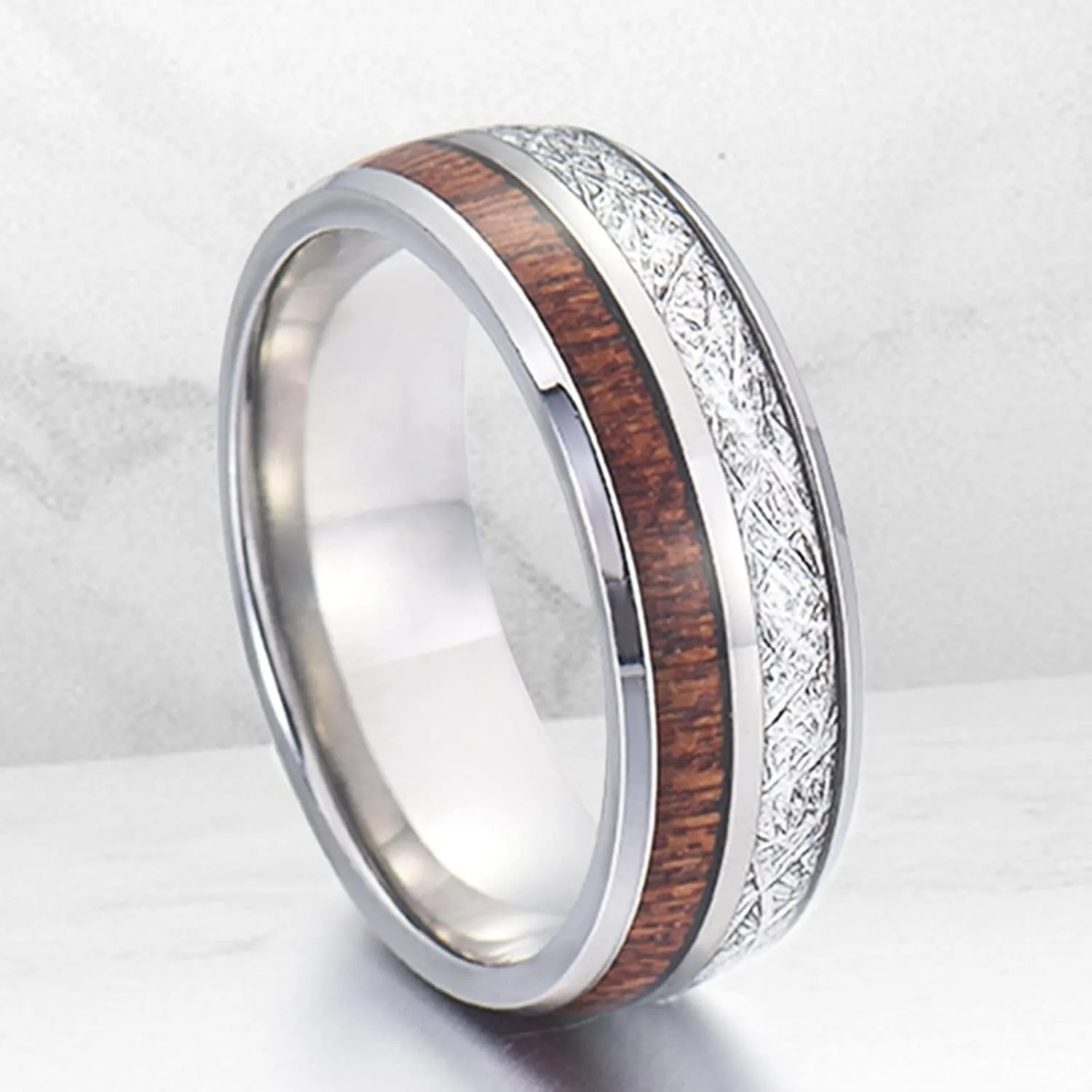Matching Couple Rings, Tungsten Rings for Women 8mm Silver Ring Inlay Wood and Metal Men's and Women's Fashion Rings