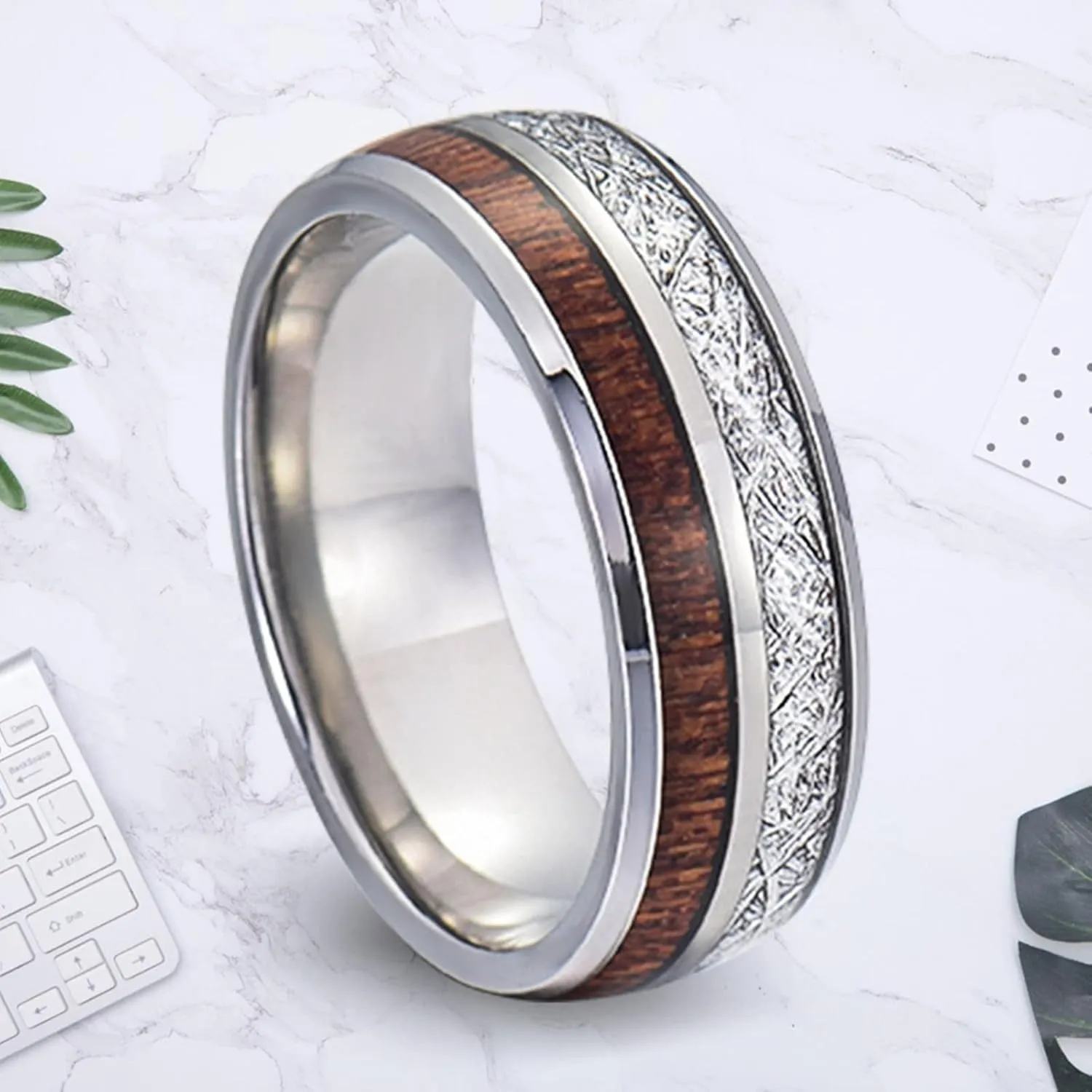 Matching Couple Rings, Tungsten Rings for Women 8mm Silver Ring Inlay Wood and Metal Men's and Women's Fashion Rings