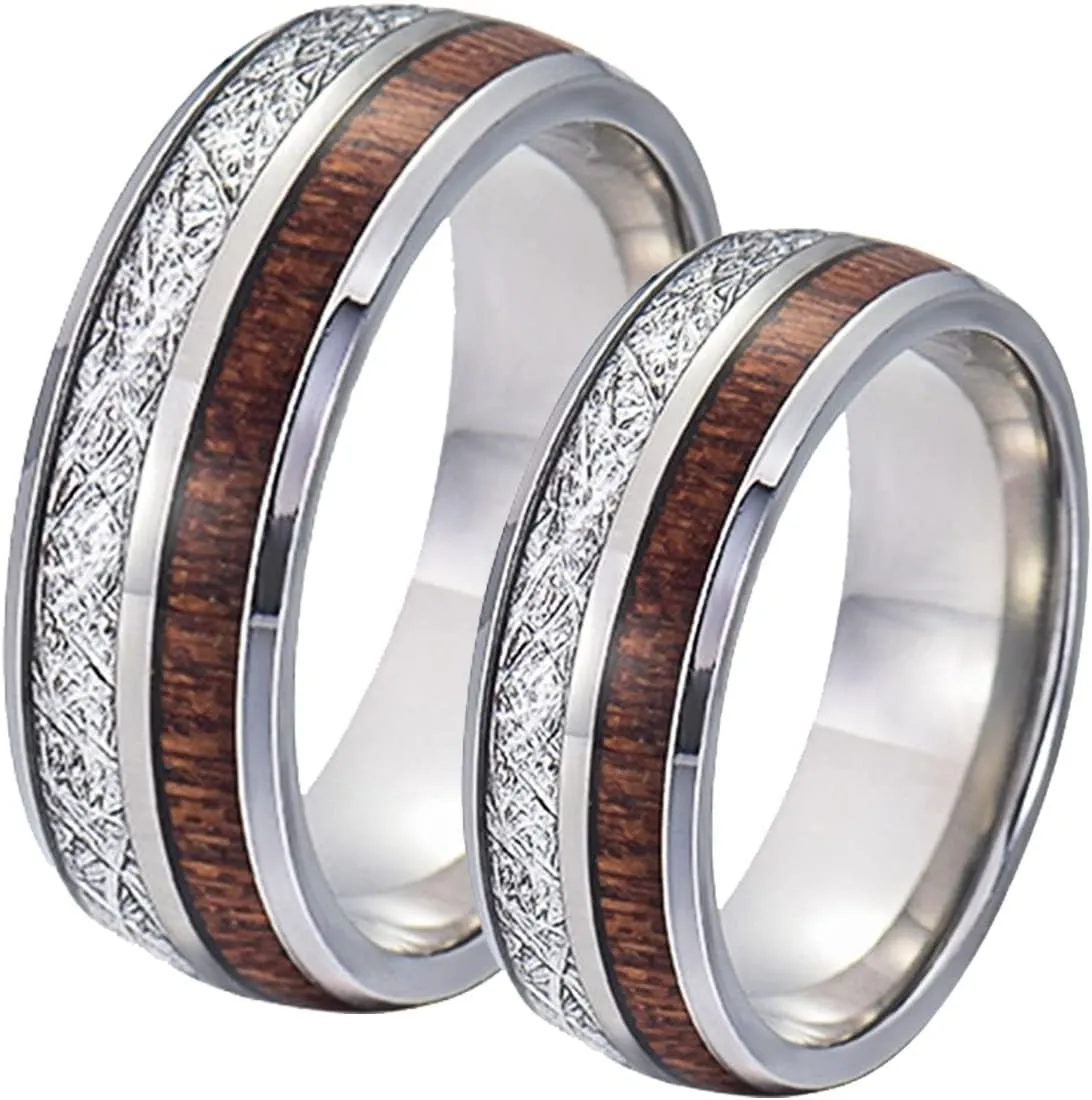 Matching Couple Rings, Tungsten Rings for Women 8mm Silver Ring Inlay Wood and Metal Men's and Women's Fashion Rings