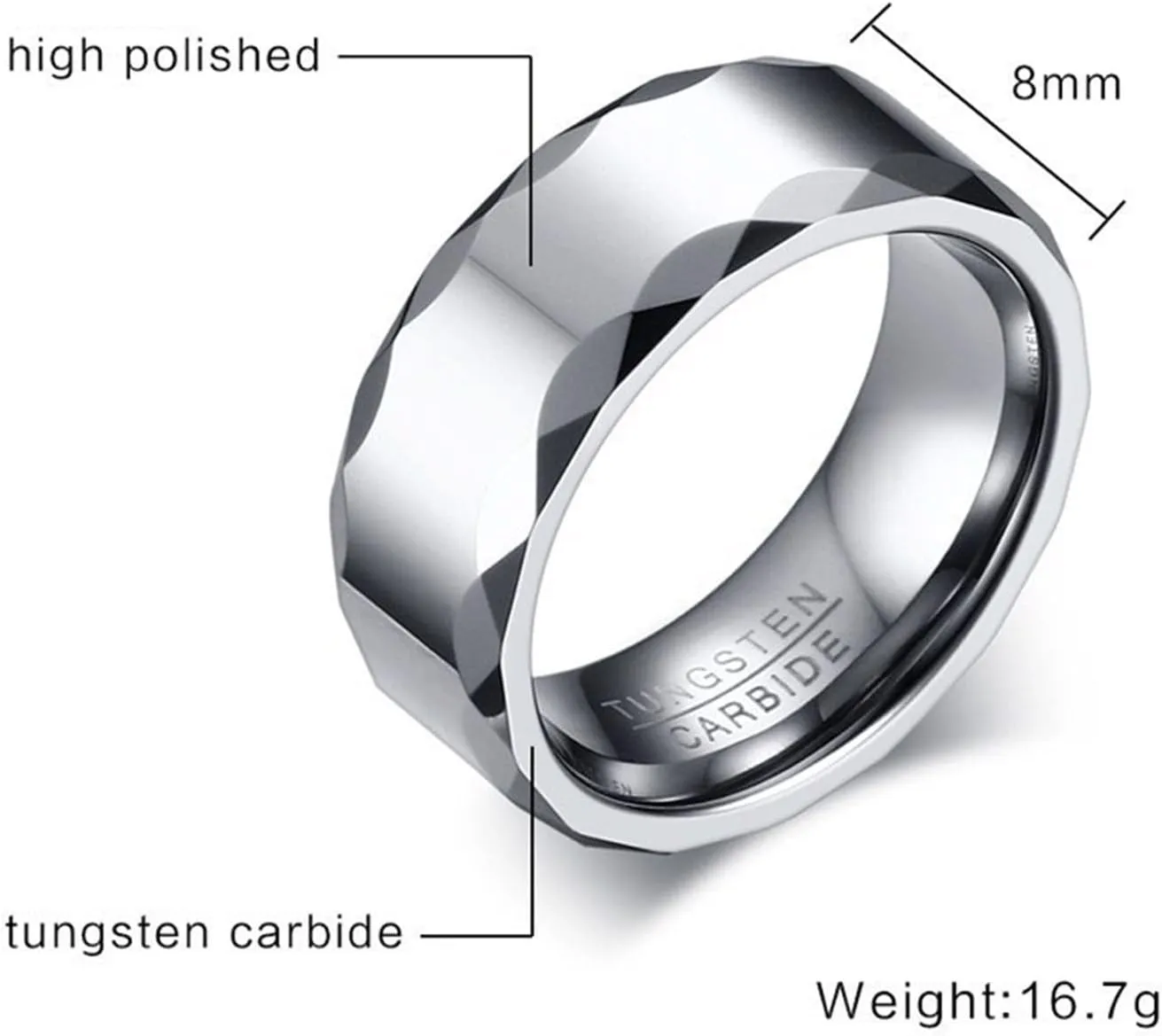 Matching Rings for Couples, Tungsten Carbide Rings for Men 8mm Silver Ring Multi-Faceted Edge Rings for Men and Women