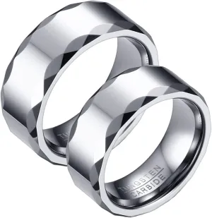 Matching Rings for Couples, Tungsten Carbide Rings for Men 8mm Silver Ring Multi-Faceted Edge Rings for Men and Women