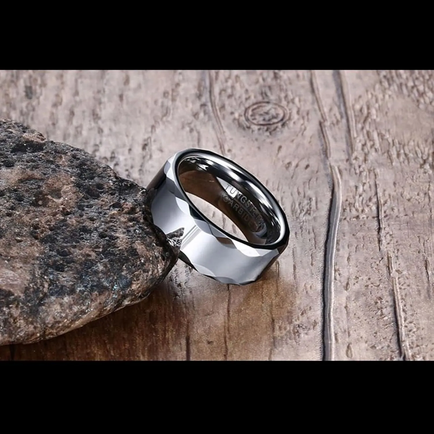 Matching Rings for Couples, Tungsten Carbide Rings for Men 8mm Silver Ring Multi-Faceted Edge Rings for Men and Women