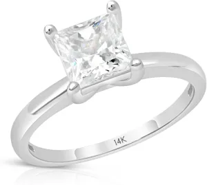 MAX   STONE 1.5 Carat Princess Cut Cubic Zirconia Solitaire Engagement Ring for Women in Solid 14k White or Yellow Gold 5.5 mm Square CZ Ring Size 5 to 9