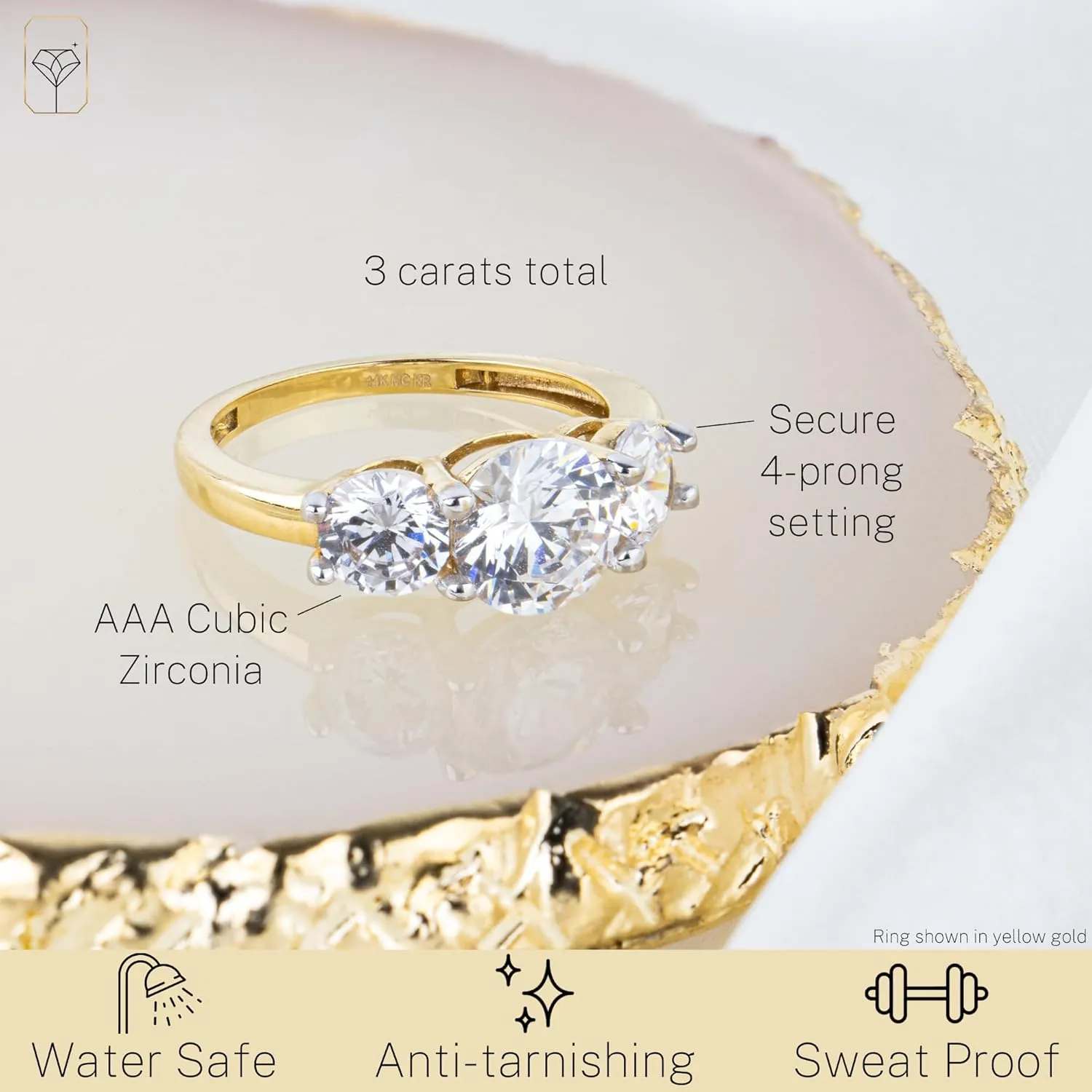 MAX   STONE 3 Carat Cubic Zirconia Anniversary or Engagement Ring for Women in 14k Solid White or Yellow Gold Three Stone CZ in Size 5 to 9