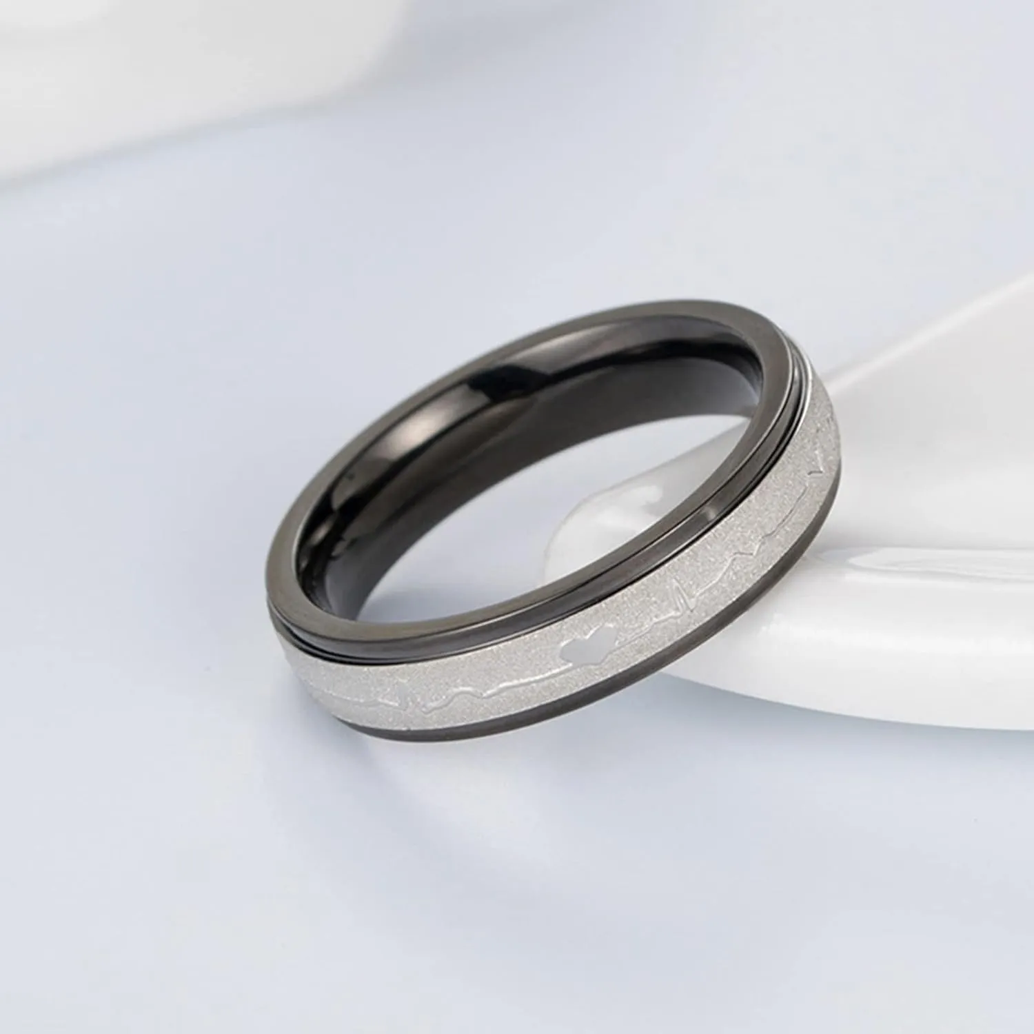 Men Promise Rings, Mens Rings Stainless Steel Two-Tone 5mm Heartbeat Ring Matte Valentine's Day Couple Rings