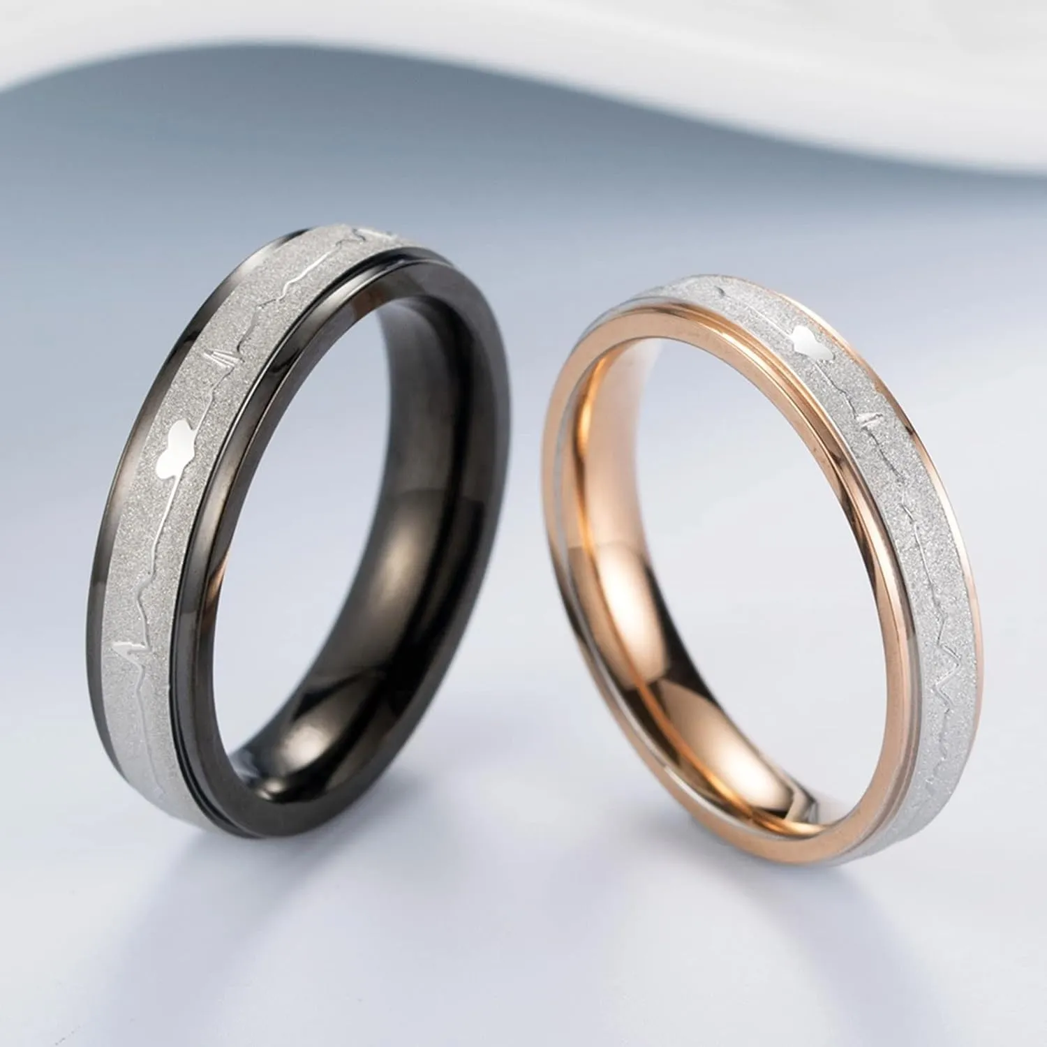 Men Promise Rings, Mens Rings Stainless Steel Two-Tone 5mm Heartbeat Ring Matte Valentine's Day Couple Rings