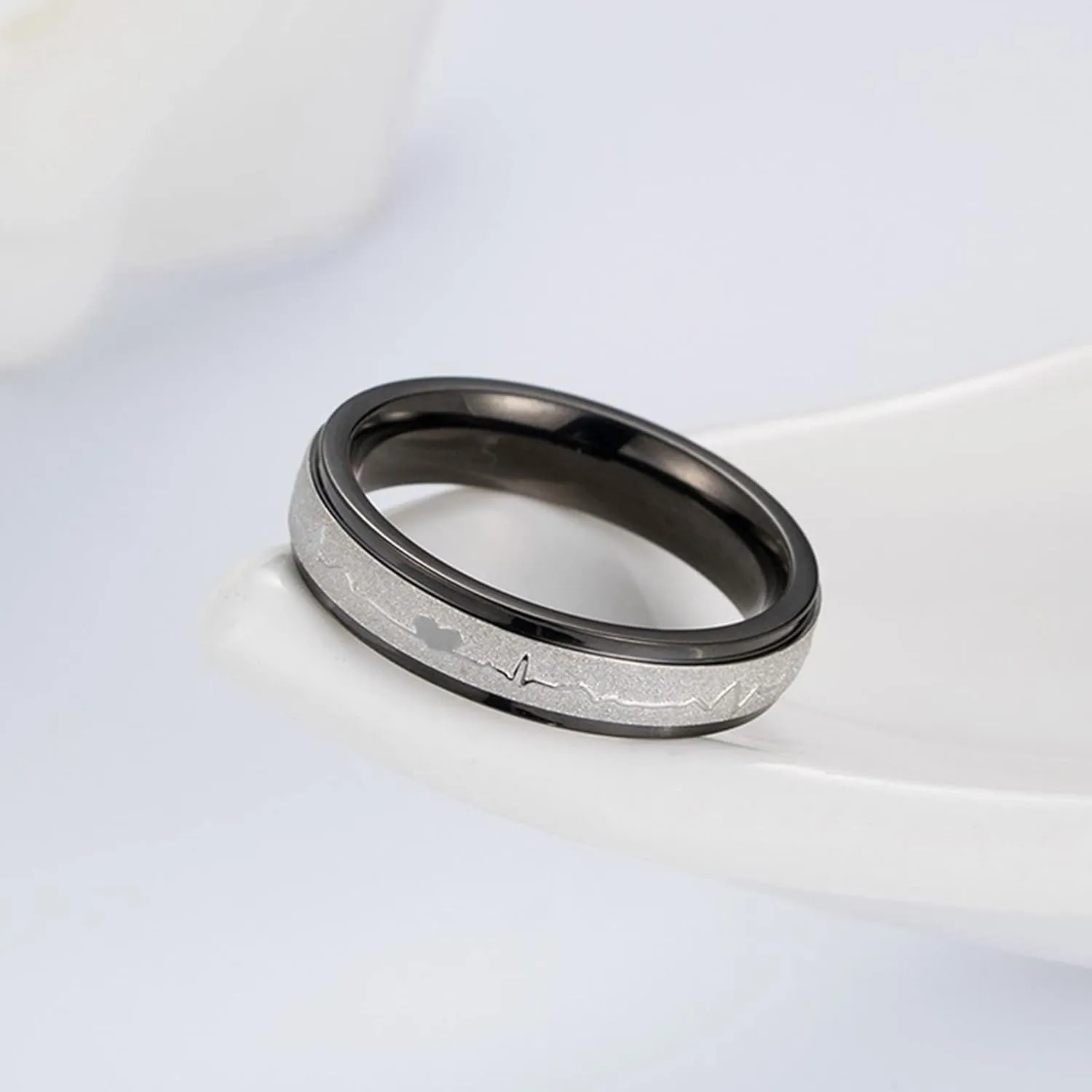 Men Promise Rings, Mens Rings Stainless Steel Two-Tone 5mm Heartbeat Ring Matte Valentine's Day Couple Rings