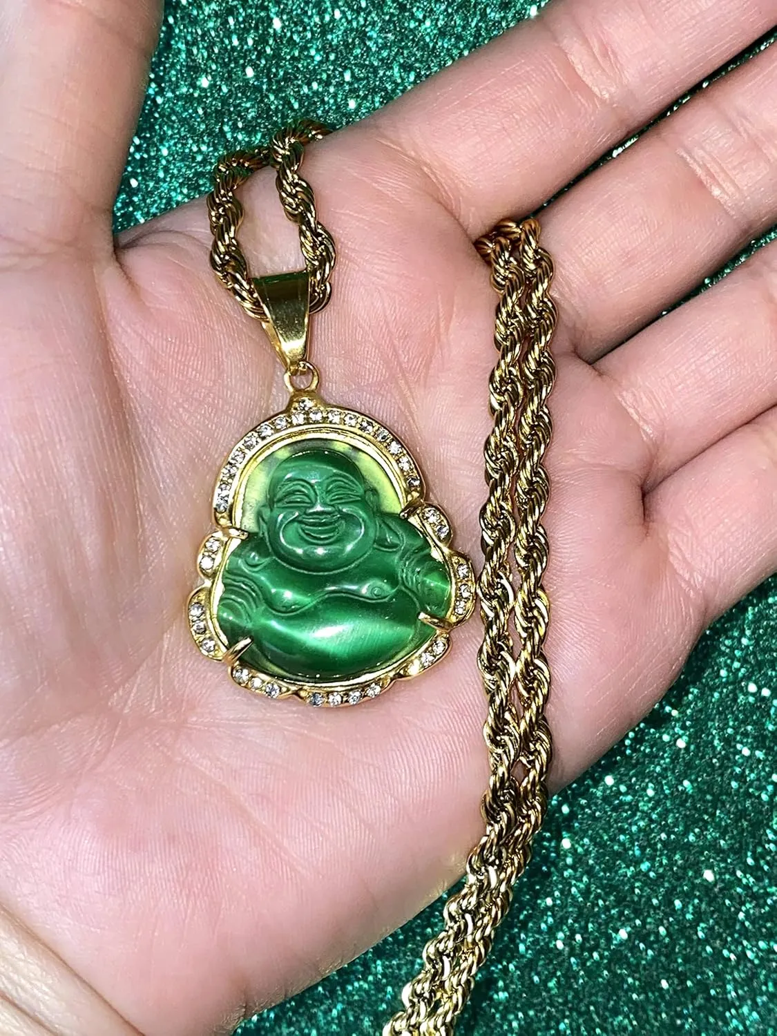 Men Women Jewelry Iced Laughing Buddha Bottle Green Jade Pendant Necklace Rope Chain Genuine Certified Grade A Jadeite Jade Hand Crafted, Jade Necklace, 14k Gold Filled Laughing Jade Buddha Necklace, Jade Medallion, Fast Prime Shipping