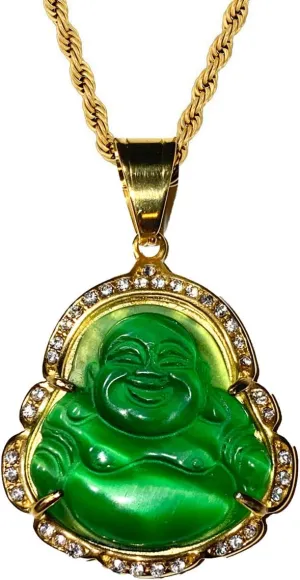 Men Women Jewelry Iced Laughing Buddha Bottle Green Jade Pendant Necklace Rope Chain Genuine Certified Grade A Jadeite Jade Hand Crafted, Jade Necklace, 14k Gold Filled Laughing Jade Buddha Necklace, Jade Medallion, Fast Prime Shipping