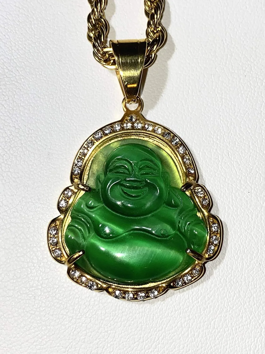 Men Women Jewelry Iced Laughing Buddha Bottle Green Jade Pendant Necklace Rope Chain Genuine Certified Grade A Jadeite Jade Hand Crafted, Jade Necklace, 14k Gold Filled Laughing Jade Buddha Necklace, Jade Medallion, Fast Prime Shipping