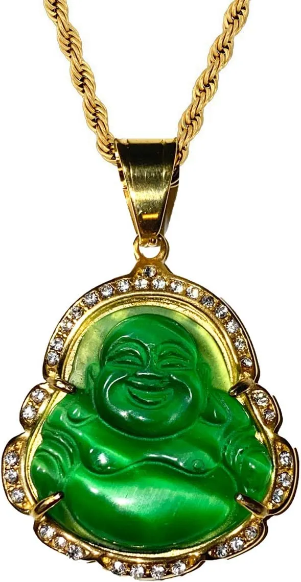Men Women Jewelry Iced Laughing Buddha Bottle Green Jade Pendant Necklace Rope Chain Genuine Certified Grade A Jadeite Jade Hand Crafted, Jade Necklace, 14k Gold Filled Laughing Jade Buddha Necklace, Jade Medallion, Fast Prime Shipping
