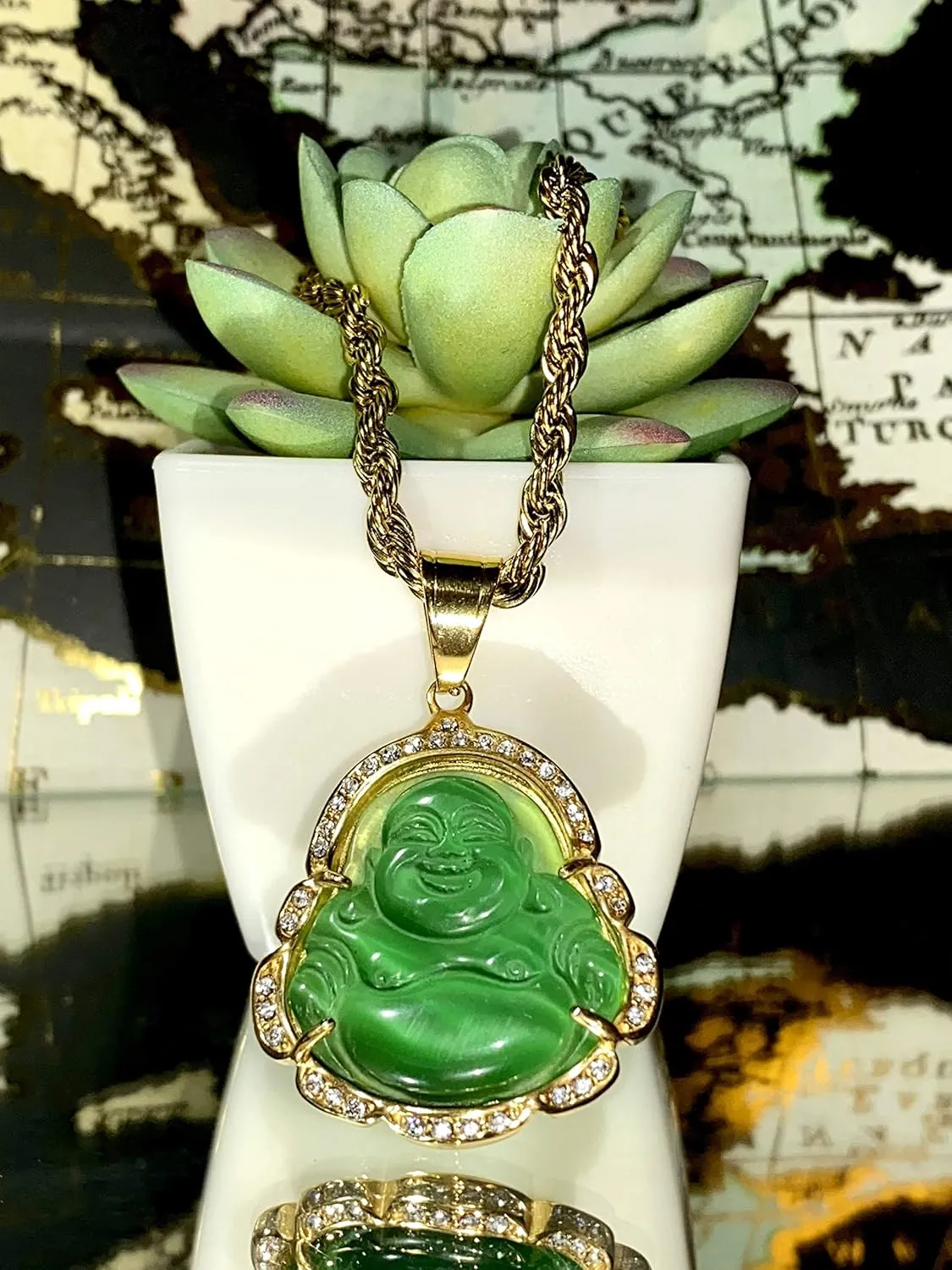 Men Women Jewelry Iced Laughing Buddha Bottle Green Jade Pendant Necklace Rope Chain Genuine Certified Grade A Jadeite Jade Hand Crafted, Jade Necklace, 14k Gold Filled Laughing Jade Buddha Necklace, Jade Medallion, Fast Prime Shipping