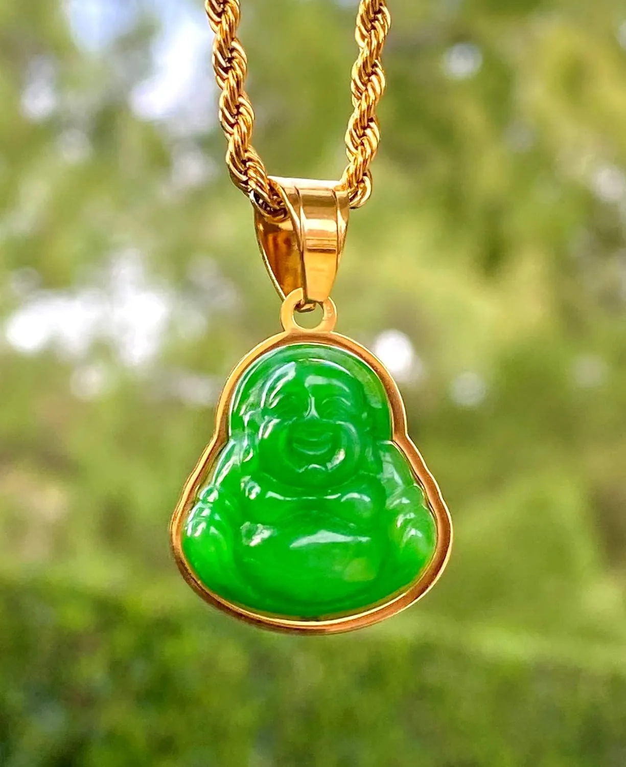 Men Women Laughing Buddha Green Jade Tiny Pendant Necklace Rope Chain Genuine Certified Grade A Jadeite Jade Hand Crafted, Jade Necklace, 14k Gold Finish Laughing Jade Buddha Necklace, Jade Medallion, Buddha Chain, Buddha Statue