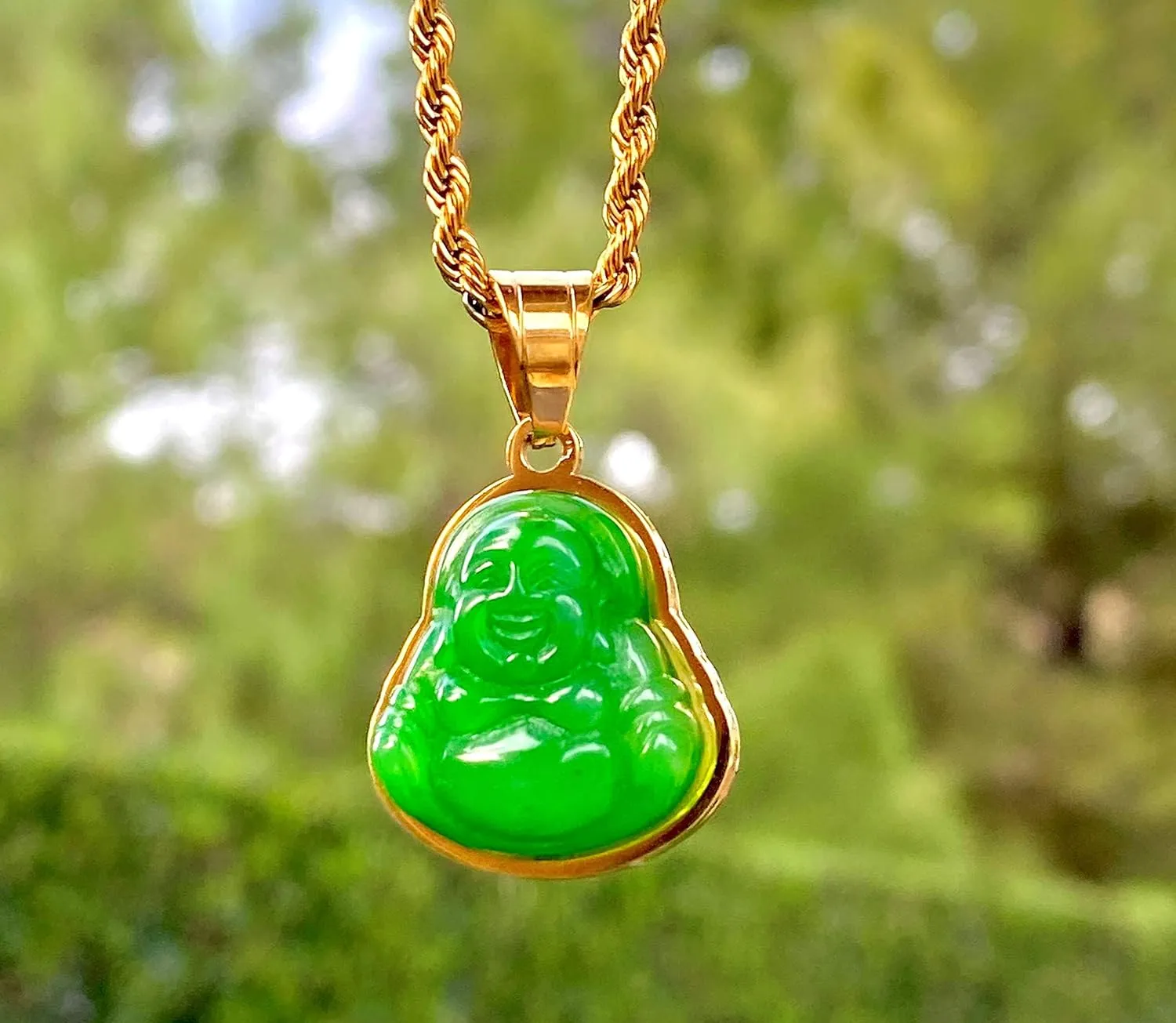 Men Women Laughing Buddha Green Jade Tiny Pendant Necklace Rope Chain Genuine Certified Grade A Jadeite Jade Hand Crafted, Jade Necklace, 14k Gold Finish Laughing Jade Buddha Necklace, Jade Medallion, Buddha Chain, Buddha Statue