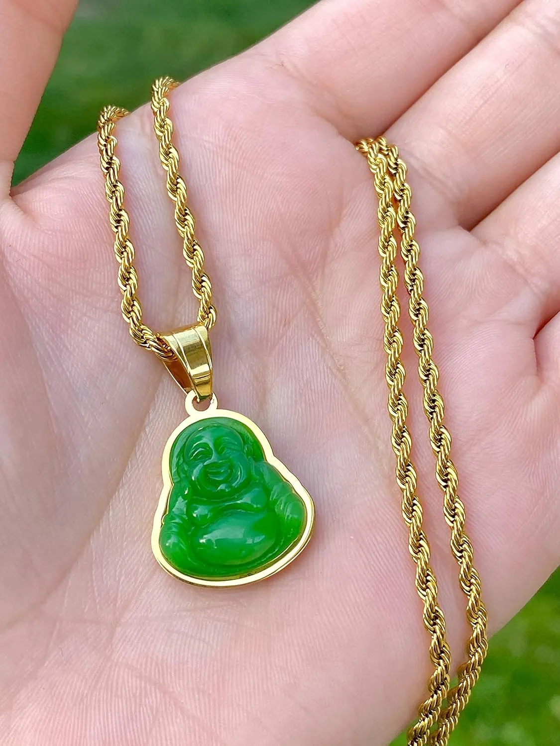 Men Women Laughing Buddha Green Jade Tiny Pendant Necklace Rope Chain Genuine Certified Grade A Jadeite Jade Hand Crafted, Jade Necklace, 14k Gold Finish Laughing Jade Buddha Necklace, Jade Medallion, Buddha Chain, Buddha Statue