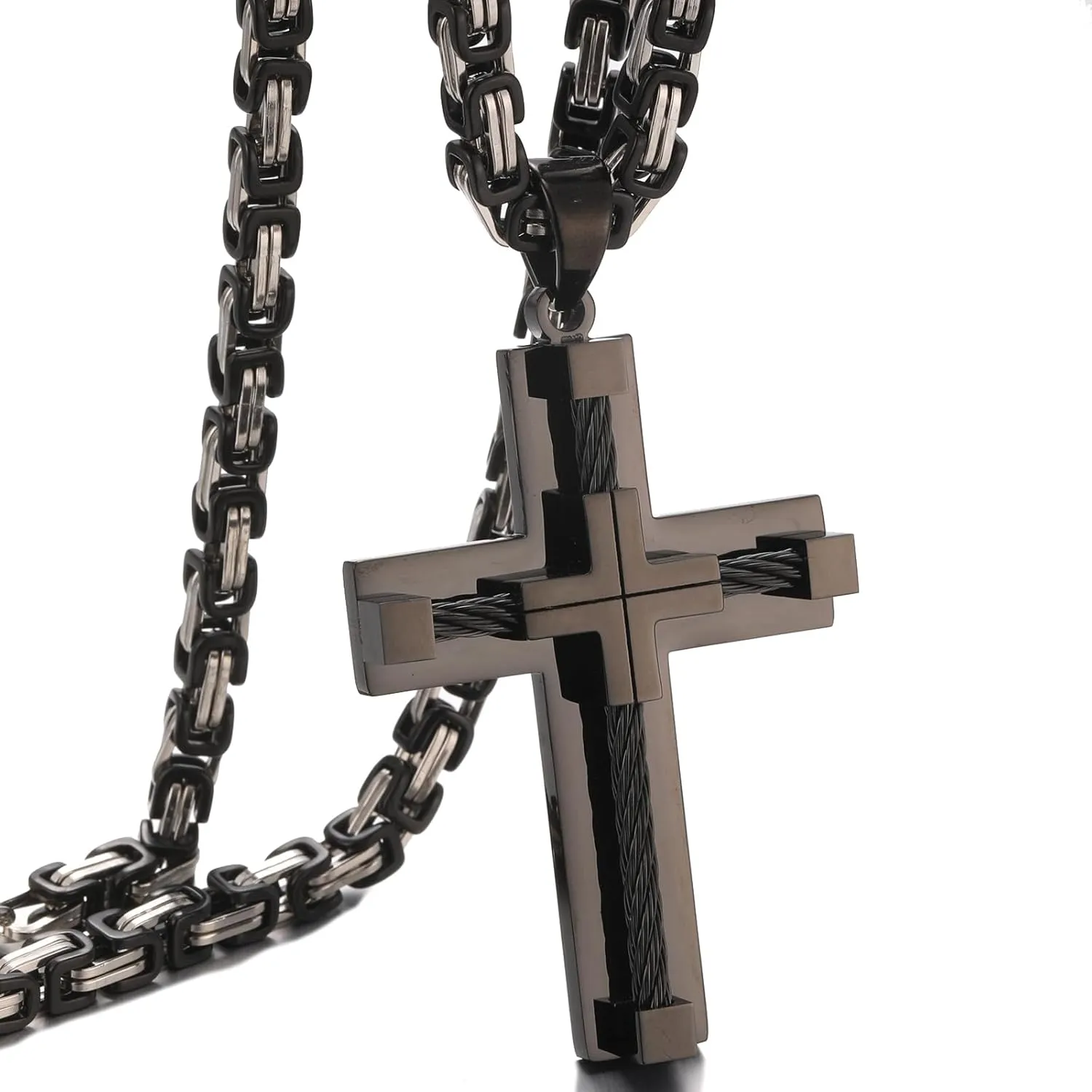 Men's Cross Necklace Stainless Steel Cable Cross Pendant Christ Jesus Belief Jewelry, 24'' Rolo Chain