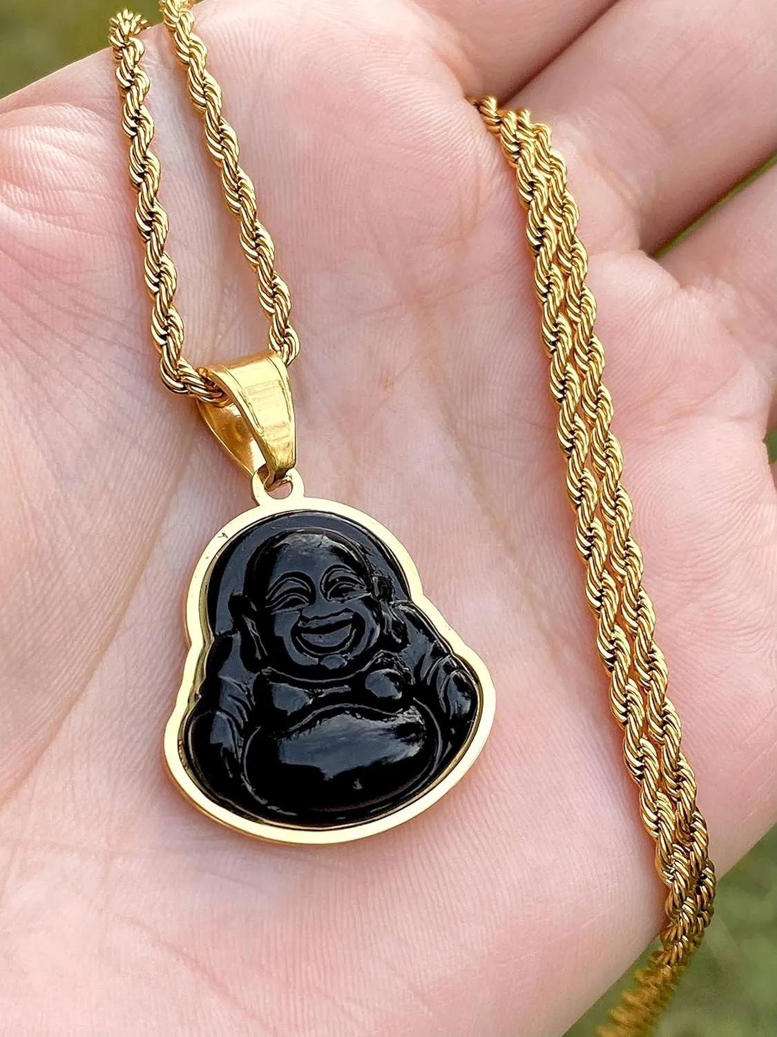 Mens Laughing Buddha Black Jade Pendant Necklace Rope Chain Genuine Certified Grade A Jadeite Jade Hand Crafted, Jade Necklace, 14k Gold Filled Laughing Jade Buddha Necklace, Jade Medallion