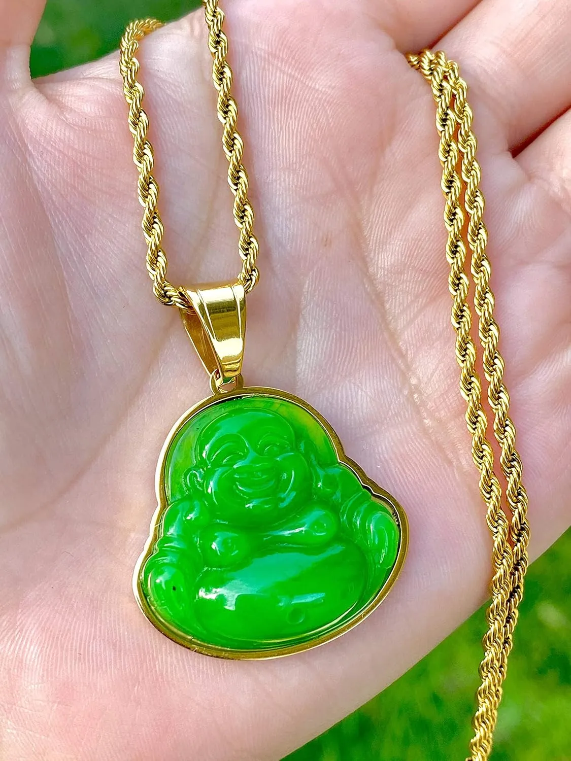 Mens Laughing Buddha Green Jade Pendant Necklace Rope Chain Genuine Certified Grade A Jadeite Jade Hand Crafted, Jade Necklace, 14k Gold Filled Laughing Jade Buddha Necklace, Jade Medallion