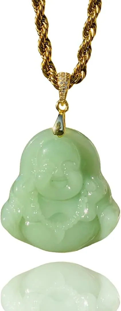 Men's Laughing Buddha Lime Green Jade 925 Pendant Necklace Rope Chain Genuine Certified Grade A Jadeite Jade Hand Crafted, Jade Necklace, 14k Gold Filled Laughing Jade Buddha Necklace, Jade Medallion