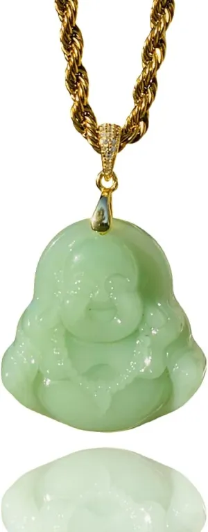 Men's Laughing Buddha Lime Green Jade 925 Pendant Necklace Rope Chain Genuine Certified Grade A Jadeite Jade Hand Crafted, Jade Necklace, 14k Gold Filled Laughing Jade Buddha Necklace, Jade Medallion