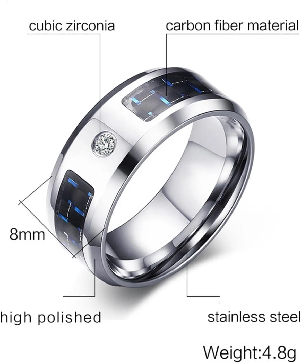 Mens Promise Rings Silver, Mens Stainless Steel Rings 8mm Silver Ring with Carbon Fiber Inlay Men's and Women's Fashion Rings