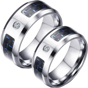 Mens Promise Rings Silver, Mens Stainless Steel Rings 8mm Silver Ring with Carbon Fiber Inlay Men's and Women's Fashion Rings