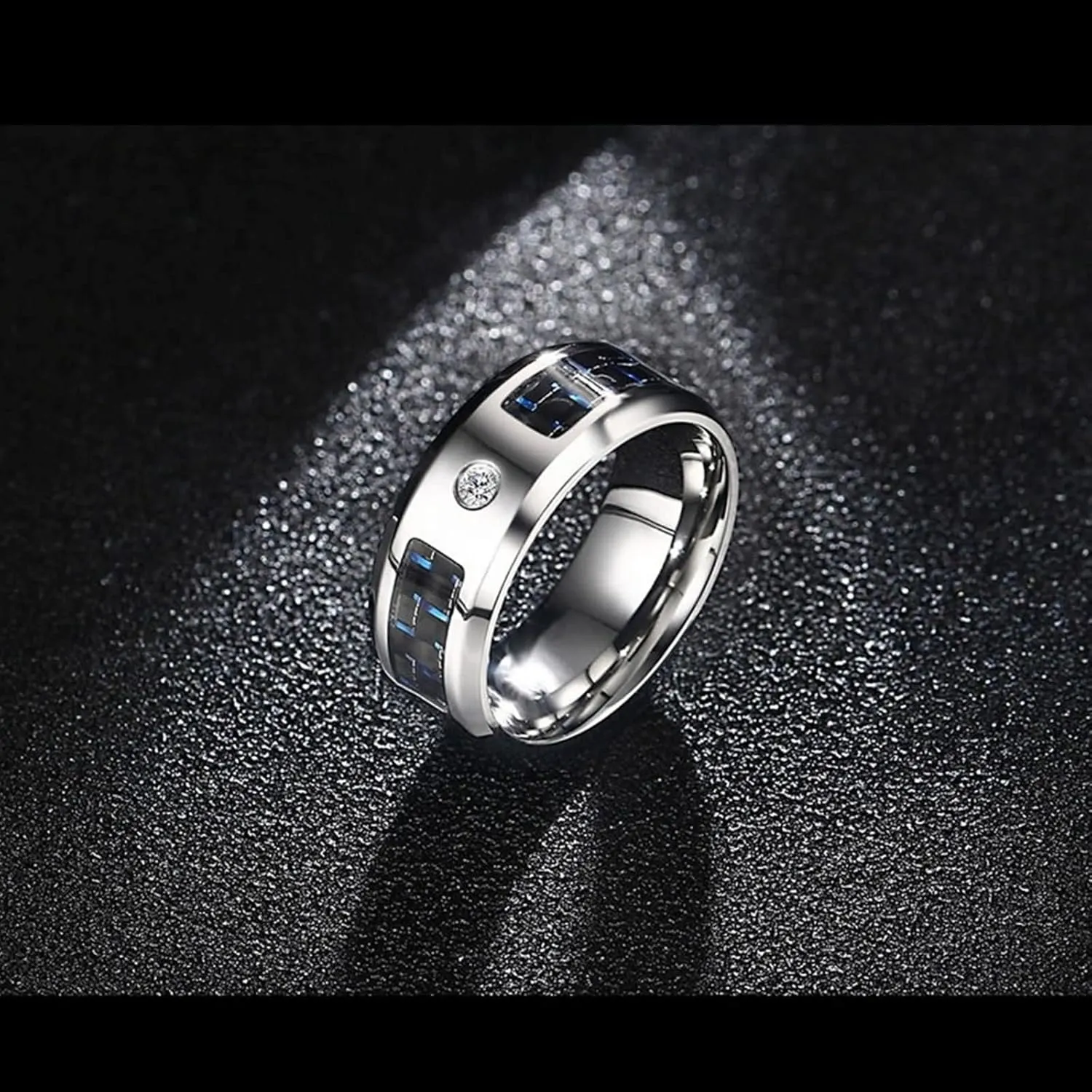 Mens Promise Rings Silver, Mens Stainless Steel Rings 8mm Silver Ring with Carbon Fiber Inlay Men's and Women's Fashion Rings