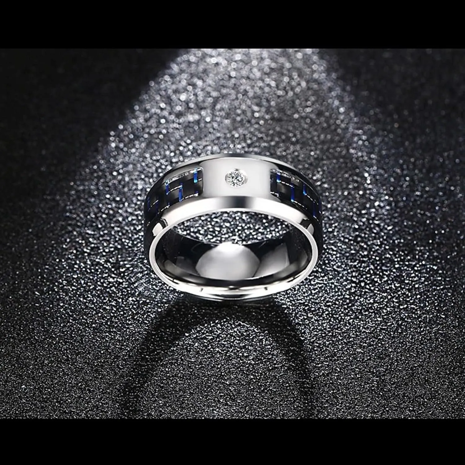 Mens Promise Rings Silver, Mens Stainless Steel Rings 8mm Silver Ring with Carbon Fiber Inlay Men's and Women's Fashion Rings