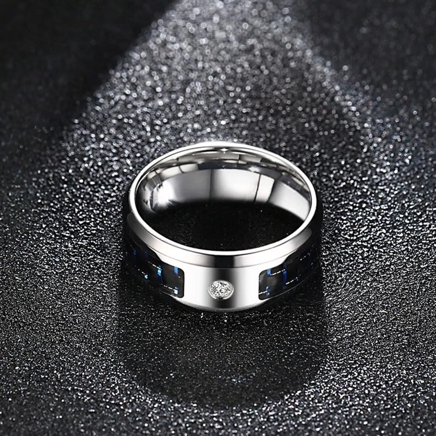 Mens Promise Rings Silver, Mens Stainless Steel Rings 8mm Silver Ring with Carbon Fiber Inlay Men's and Women's Fashion Rings