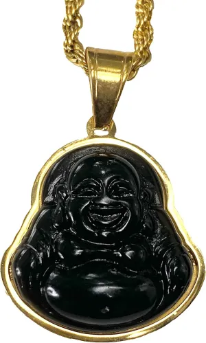 Men's Women Laughing Buddha Jet Black Jade Pendant Necklace Rope Chain Genuine Certified Grade A Jadeite Jade Hand Crafted, Jade Necklace, 14k Gold Filled Laughing Jade Buddha Necklace, Jade Medallion, Jade Chain, 22" Rope Necklace