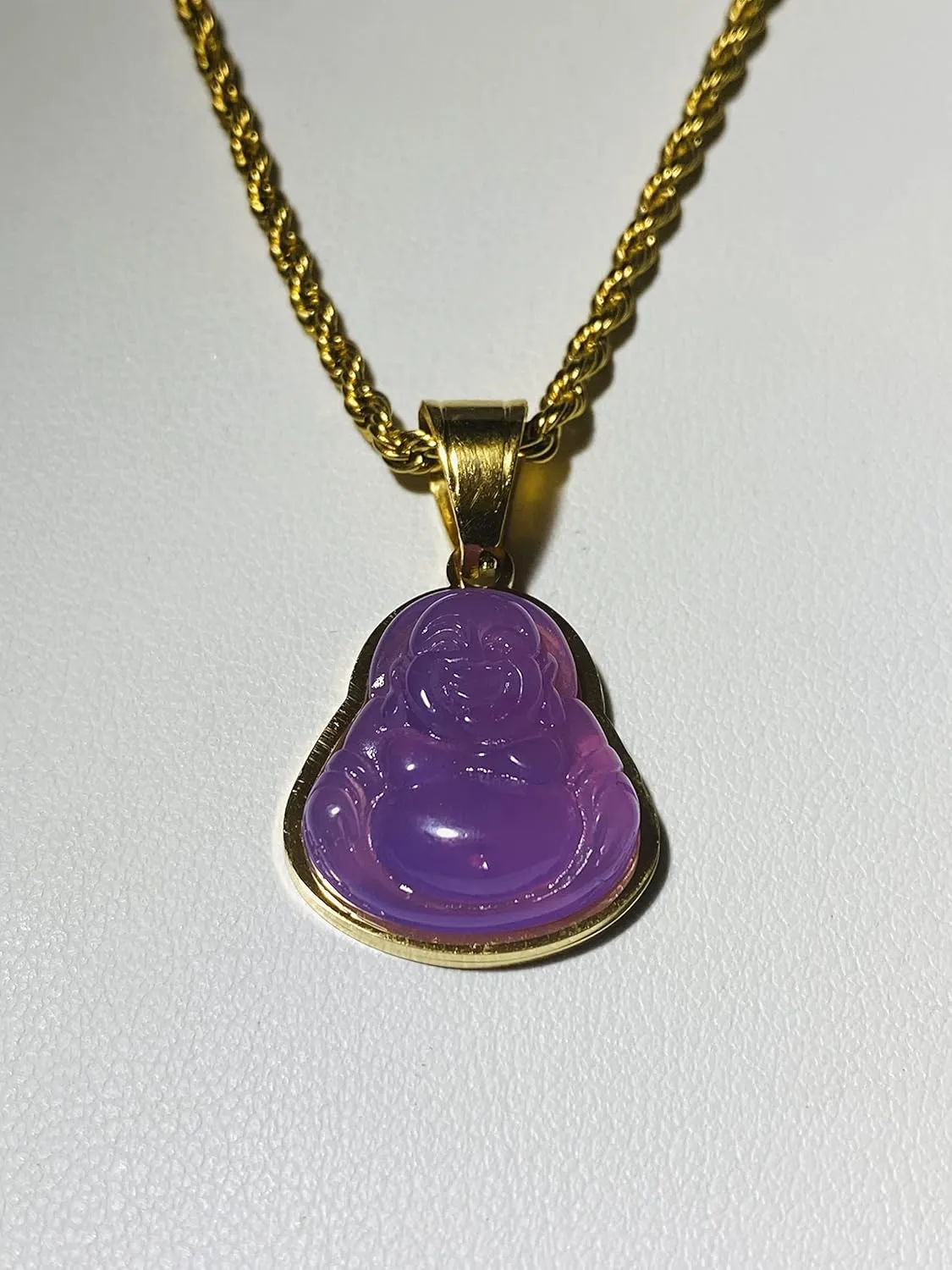 Men's Women Laughing Buddha Purple Jade Tiny Pendant Necklace Rope Chain Genuine Certified Grade A Jadeite Jade Hand Crafted, Jade Necklace, 14k Gold Finish Laughing Jade Buddha Necklace, Jade Medallion, Buddha Chain, Buddha Statue Necklace