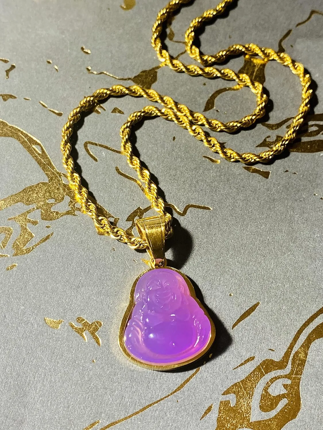 Men's Women Laughing Buddha Purple Jade Tiny Pendant Necklace Rope Chain Genuine Certified Grade A Jadeite Jade Hand Crafted, Jade Necklace, 14k Gold Finish Laughing Jade Buddha Necklace, Jade Medallion, Buddha Chain, Buddha Statue Necklace